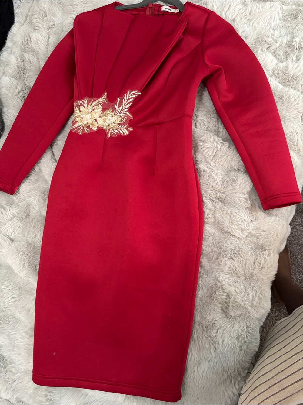 Red Long-Sleeve Bodycon Dress with Gold Floral Embroidery